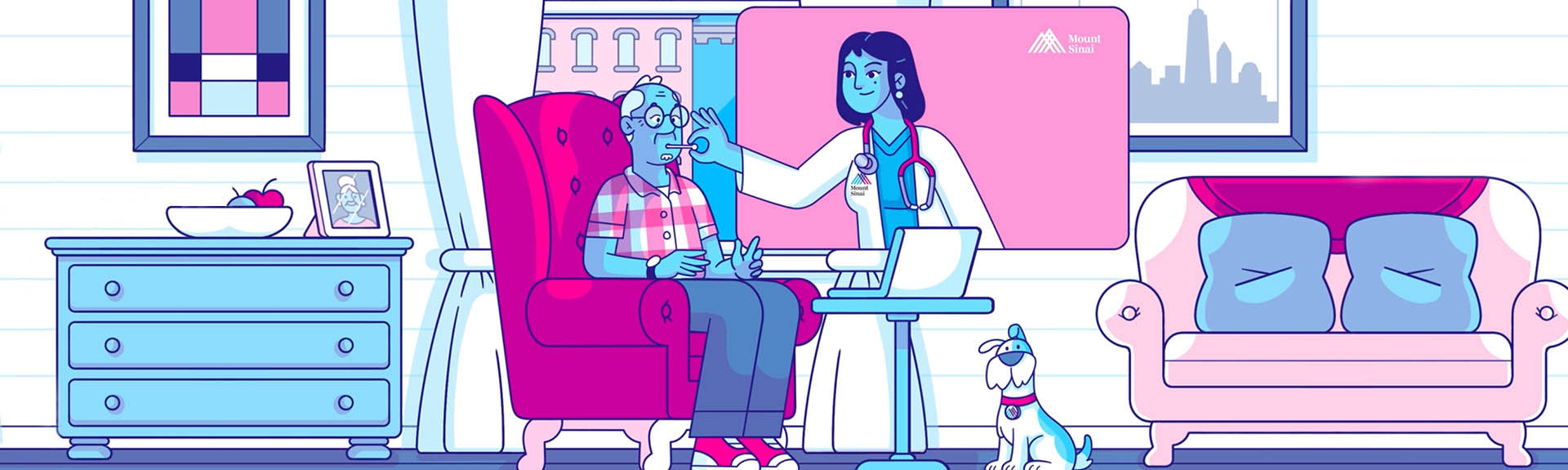 Illustration of doctor taking patient’s temperature from a video screen